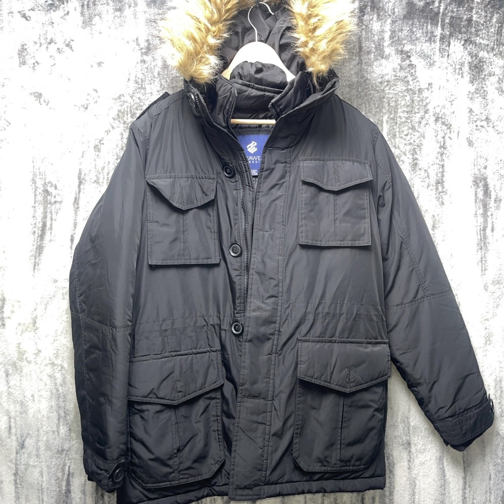 Rocawear Classic Womens Black Puffer Jacket Faux Fur Detachable Hood Sz Large